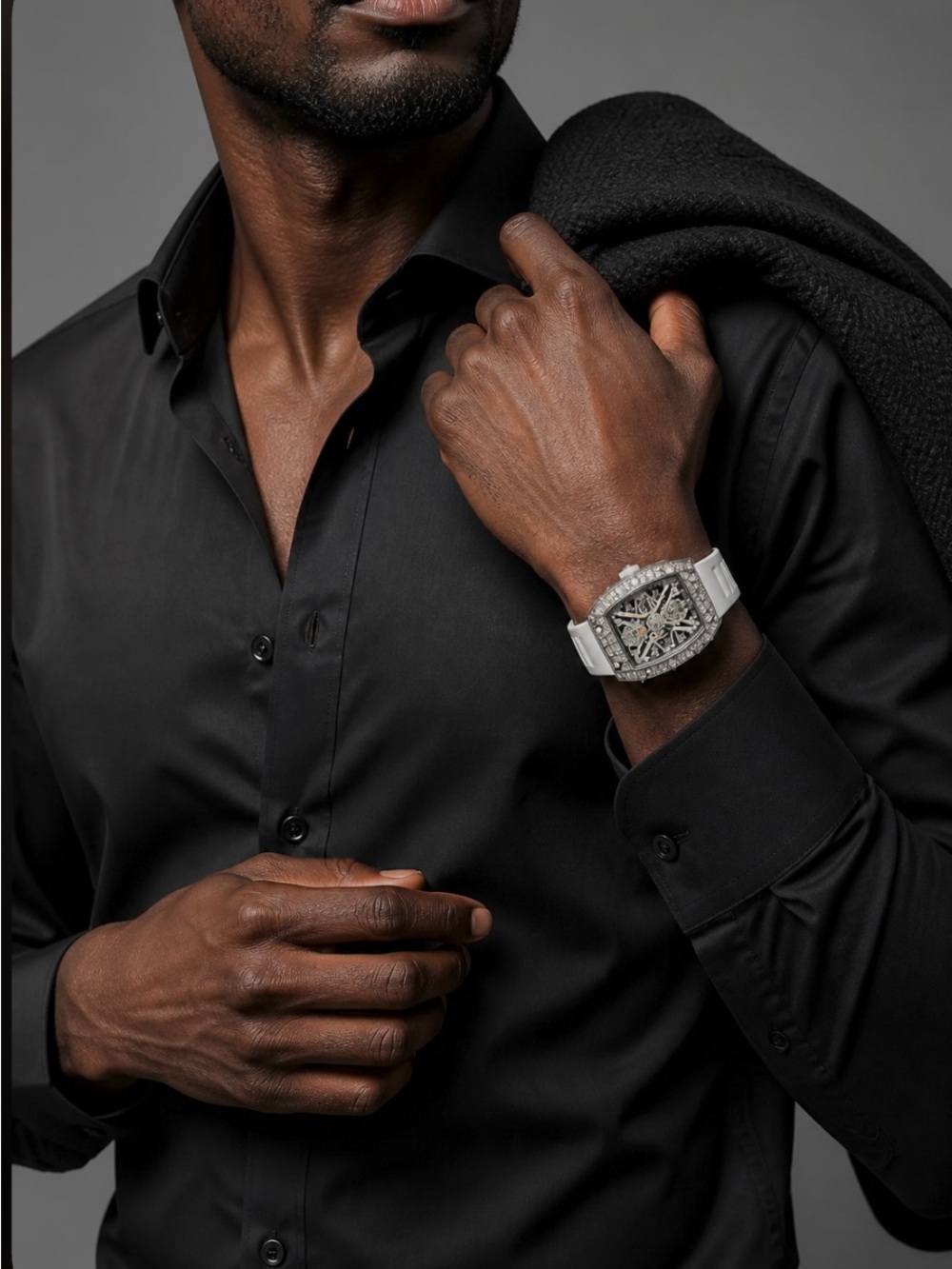 AJ Brand White Men's Skeleton Dial Sport Watch With Crystal Accents